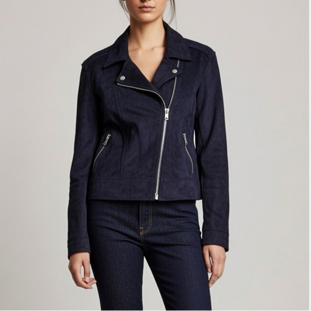 LEVEL 99 Navy Faux Suede Moto Jacket Size Small